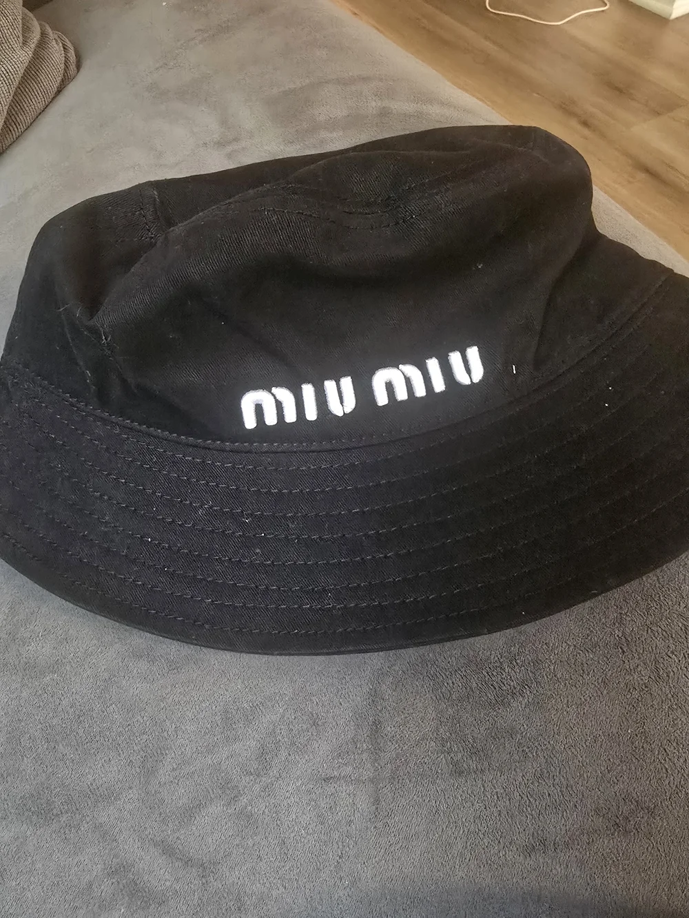 Miu Miu Black Bucket Hat with White Embroidered Logo
